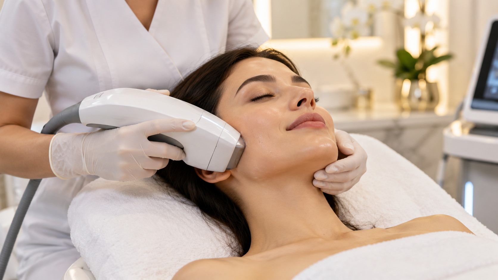 Aplicación estética facial de ultrasonido HIFU 25D; imagen ilustrativa generada con IA