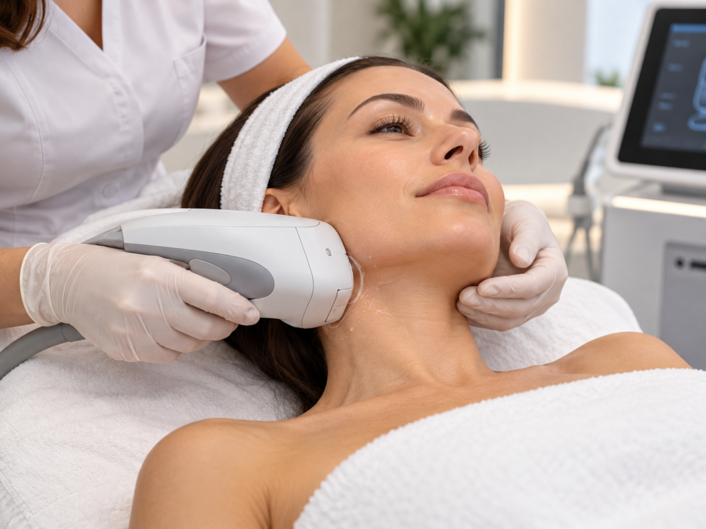 Ultrasonido estético aplicado al contorno facial y cuello; imagen ilustrativa generada con IA